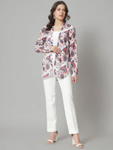 Front Open Printed Jacket- white and blue