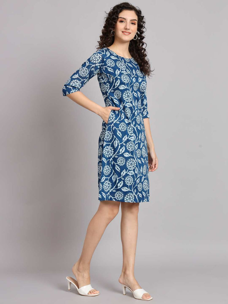A line Cotton Printed Dress - Blue