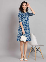 A line Cotton Printed Dress - Blue