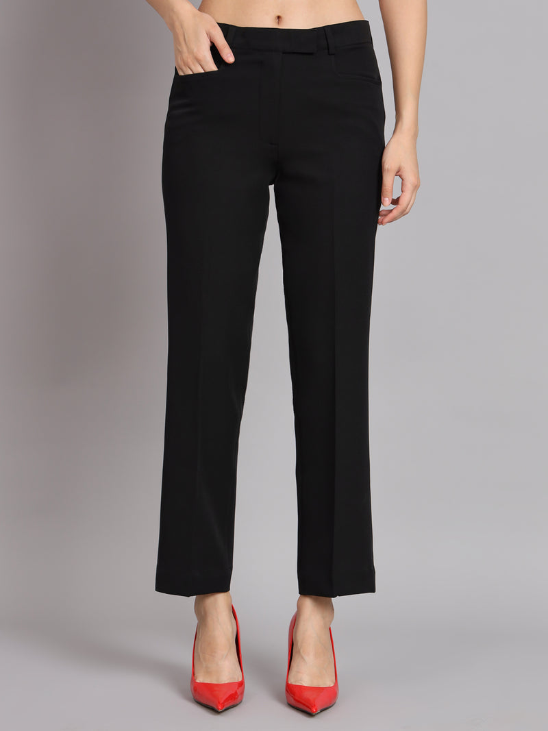 Short Blazer Notched Collar Polyester Pant Suit - Black