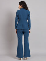 Notch Collar Polyester Pant Suit - Teal Blue