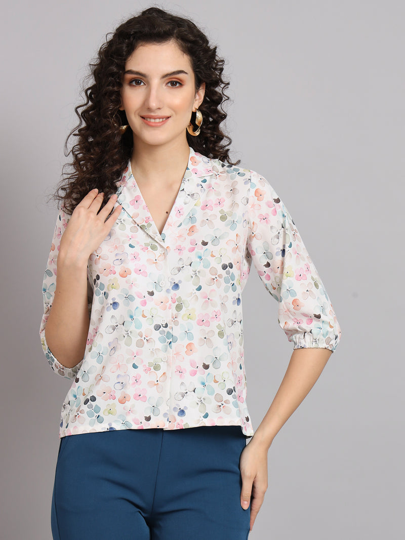 Floral Printed Coat Collar Shirt - White