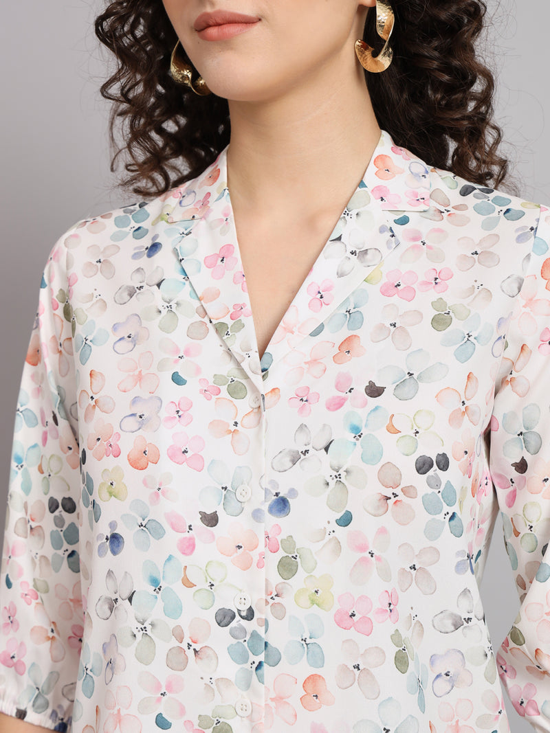 Floral Printed Coat Collar Shirt - White