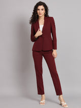 Notched Collar Polyester Pant Suit - Maroon