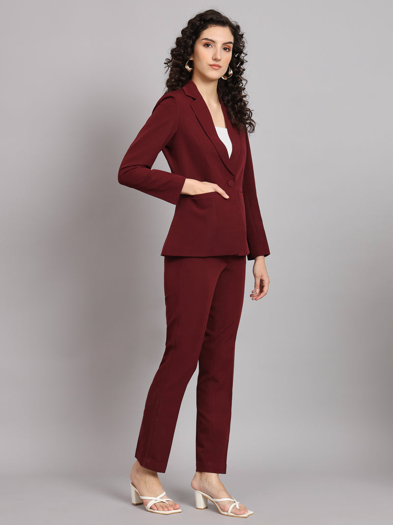 Notched Collar Polyester Pant Suit - Maroon