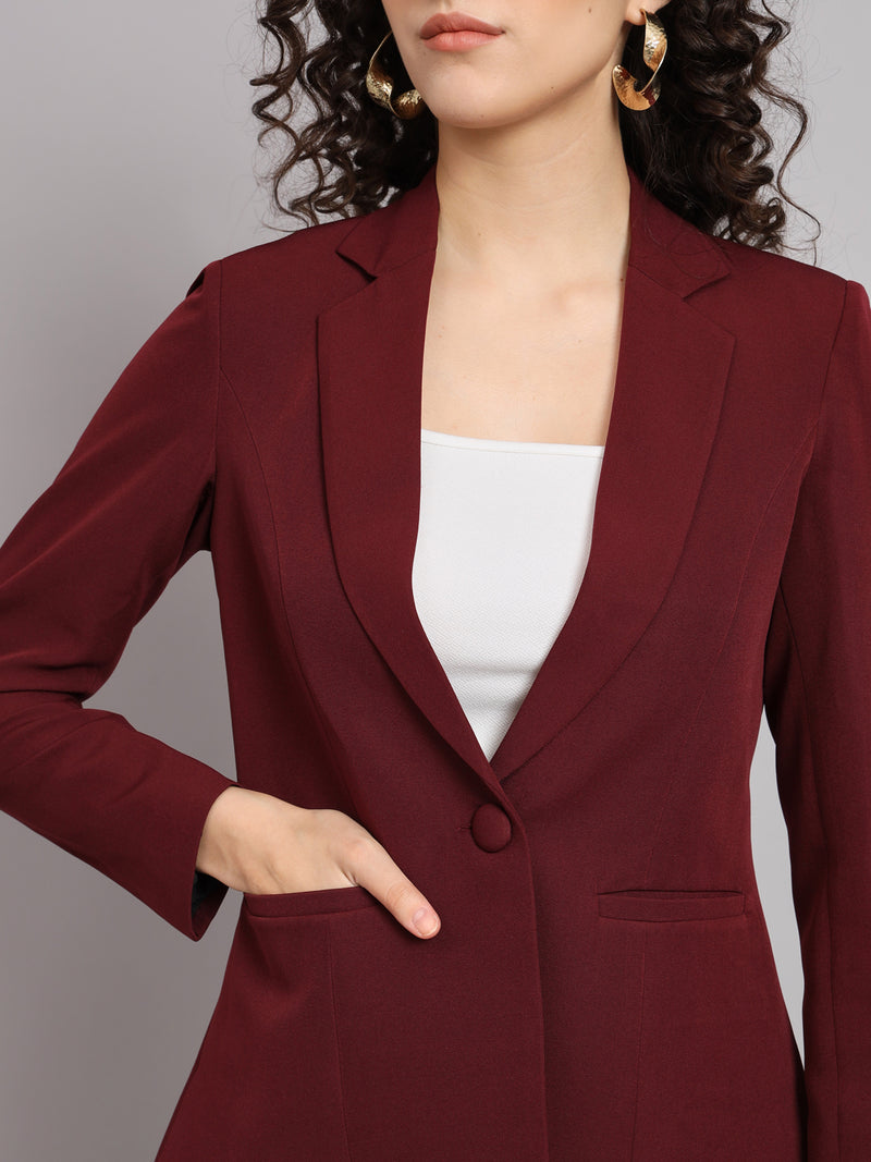 Notched Collar Polyester Pant Suit - Maroon