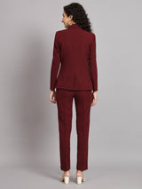 Notched Collar Polyester Pant Suit - Maroon