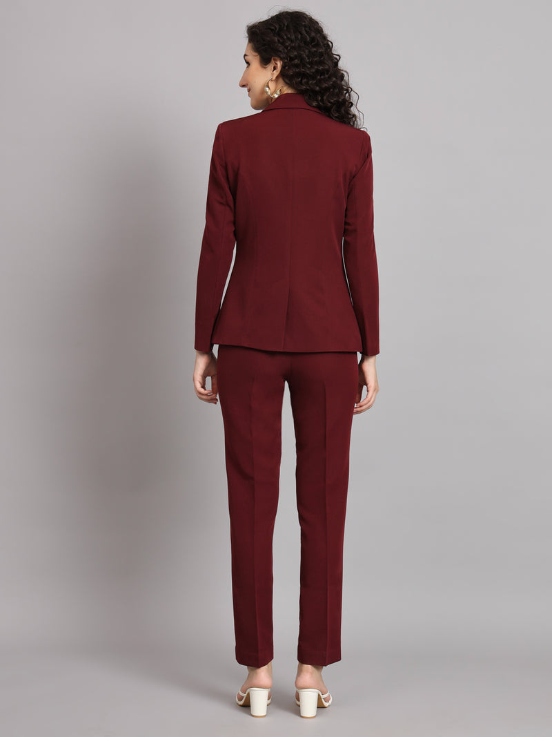 Notched Collar Polyester Pant Suit - Maroon