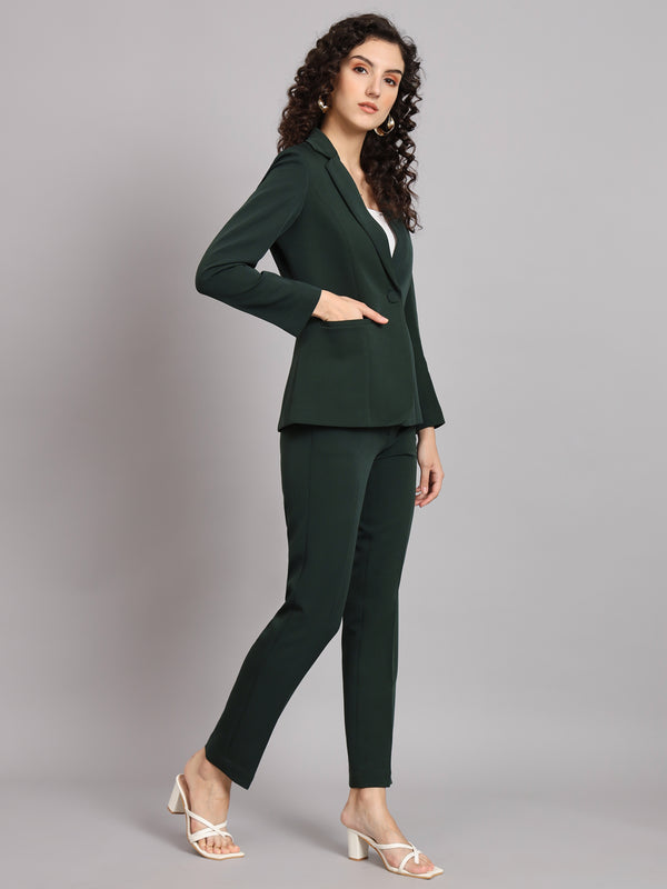 Notched Collar Polyester Pant Suit - Bottle Green