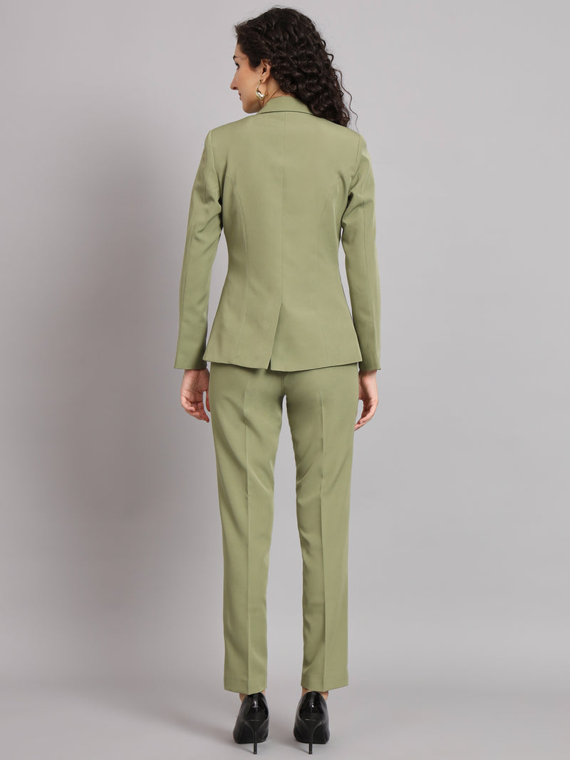 Notched Collar Polyester Pant Suit - Olive Green