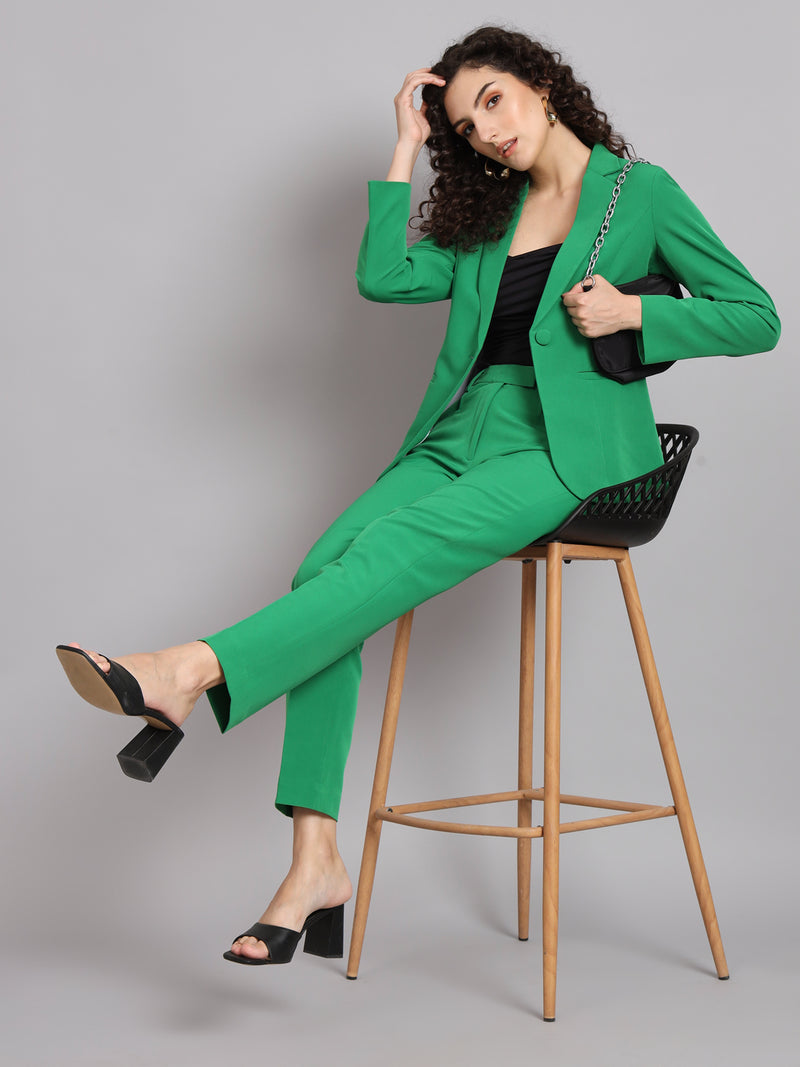 Notched Collar Polyester Pant Suit - Parrot Green