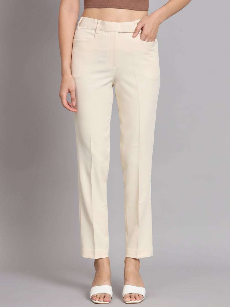 Notched Collar Polyester Pant Suit  - Off White