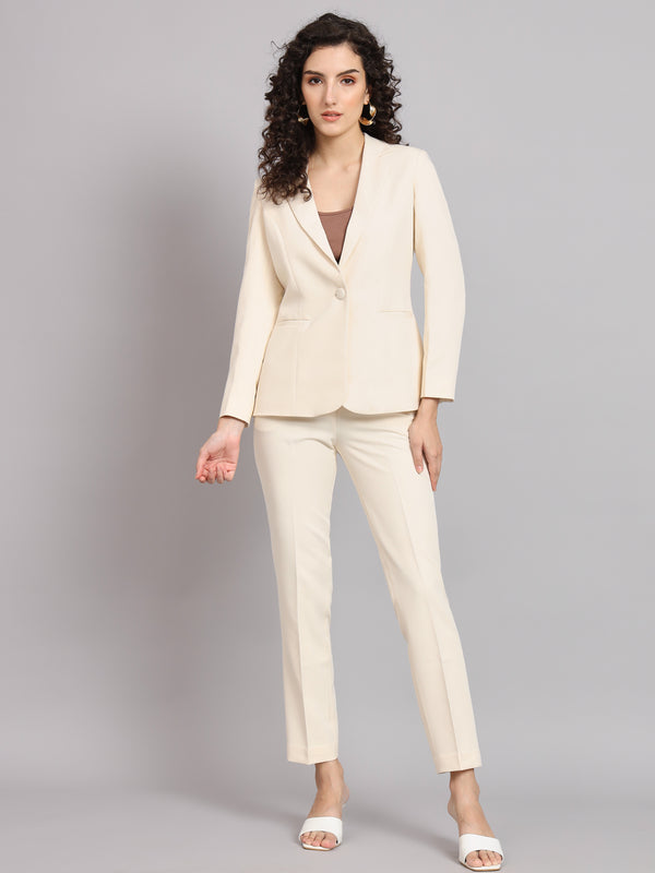 Notched Collar Polyester Pant Suit  - Off White
