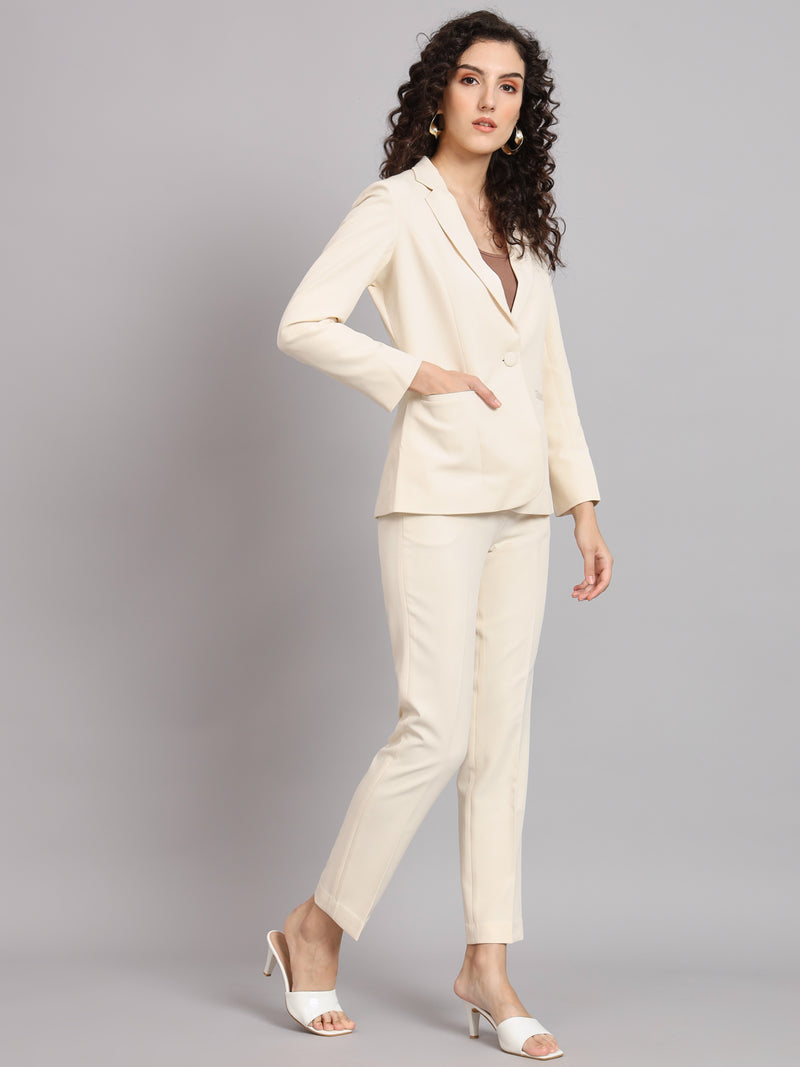 Notched Collar Polyester Pant Suit  - Off White