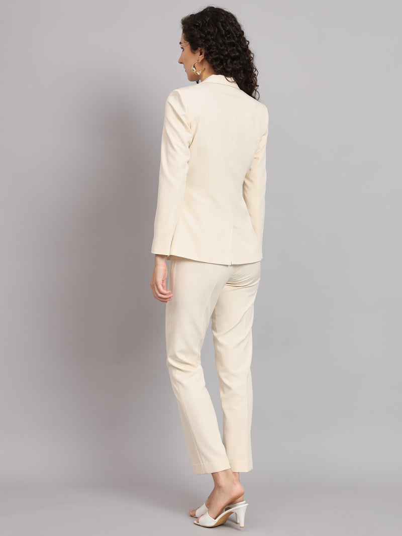 Notched Collar Polyester Pant Suit  - Off White