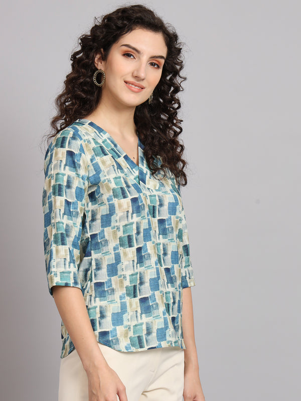 Printed V-Neck Top - Blue and Green