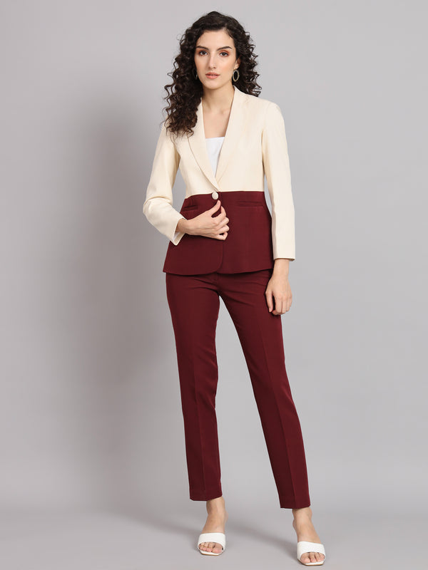 Color Block Notched Polyester Pant Suit - Off White and Maroon
