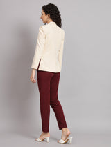 Color Block Notched Polyester Pant Suit - Off White and Maroon