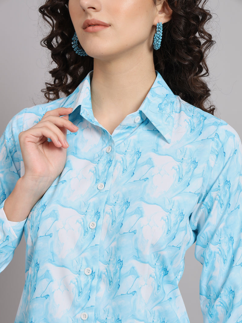 Marble Print Collared Shirt - Blue
