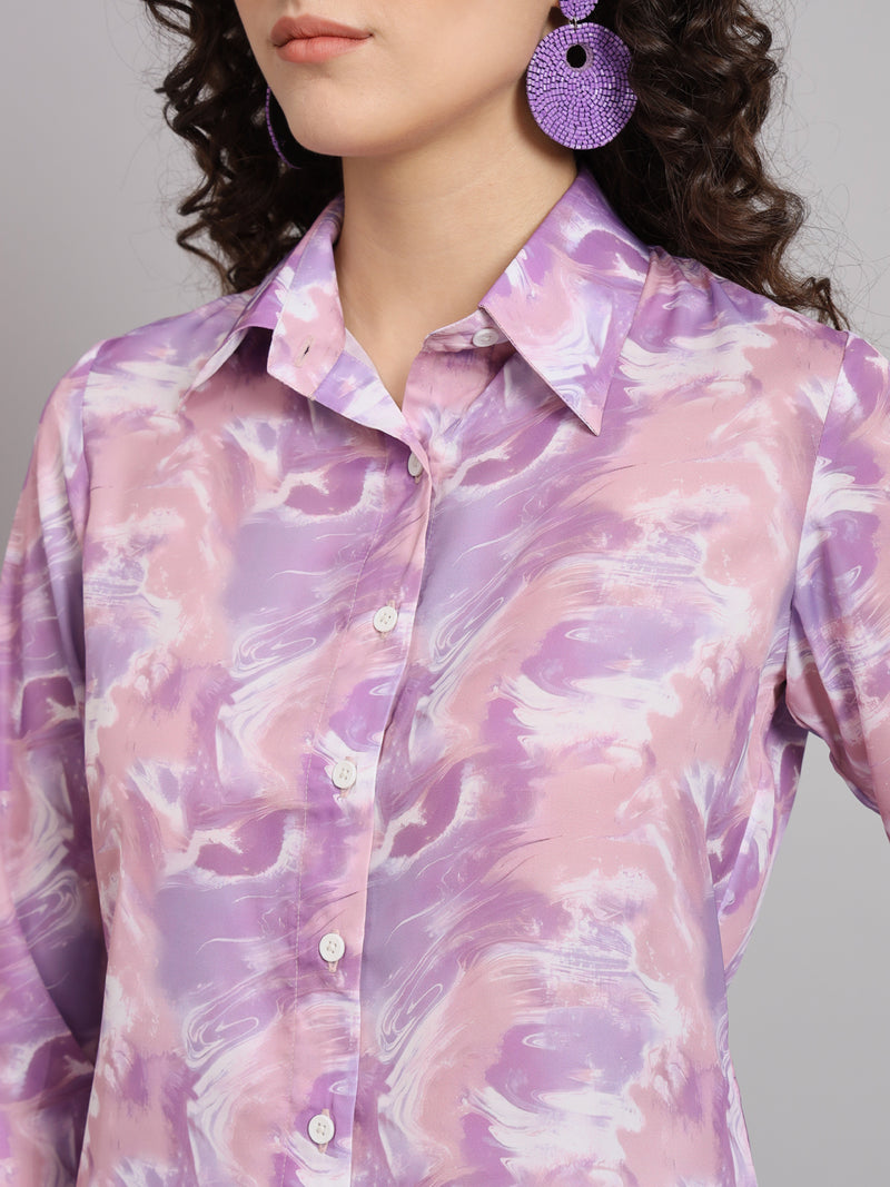 Marble Print Coat Collared Shirt - Lavender