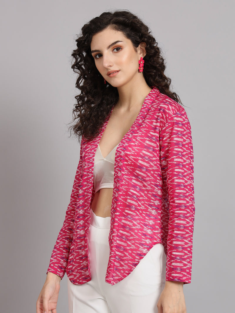 Front Open Ikat Print Jacket - White & Pink