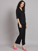 V-Neck Shirt Collar with Box Pleat Pant Suit - Black