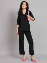 V-Neck Shirt Collar with Box Pleat Pant Suit - Black