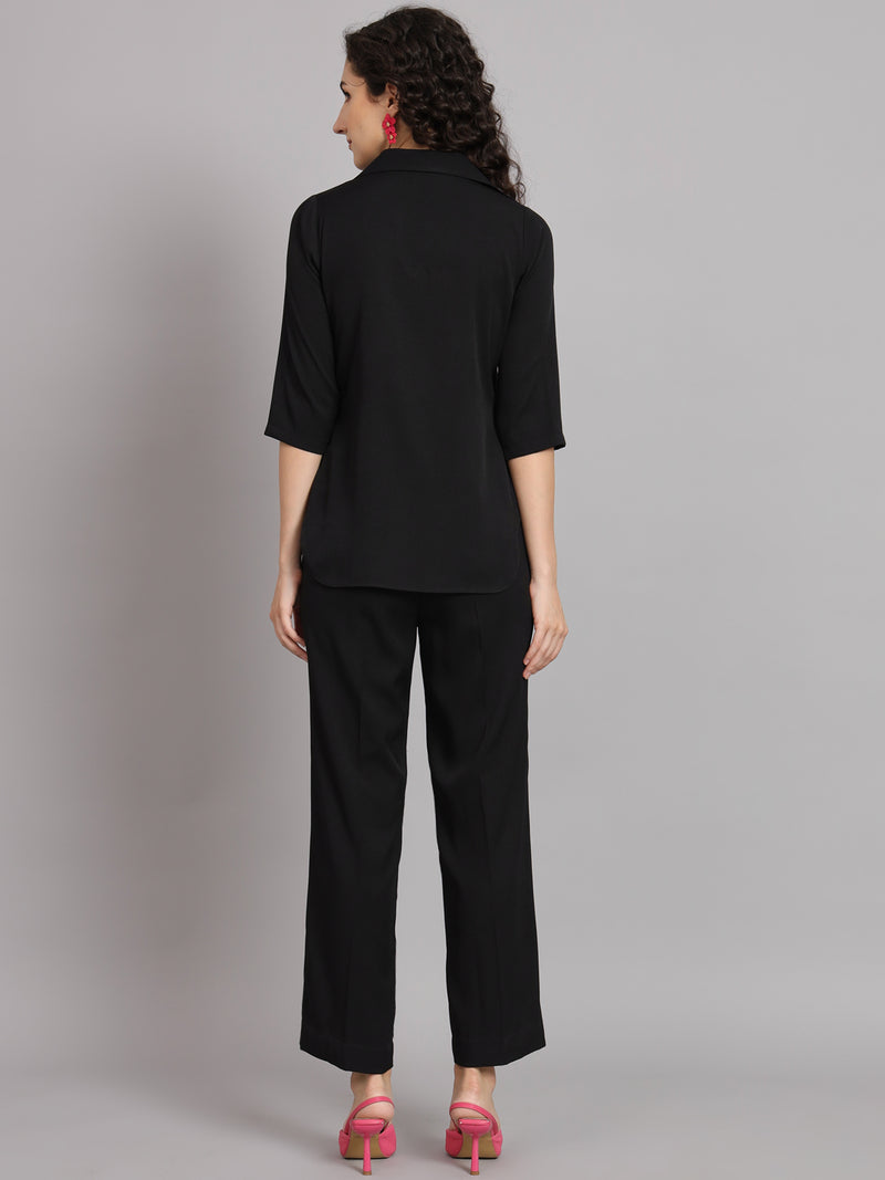 V-Neck Shirt Collar with Box Pleat Pant Suit - Black