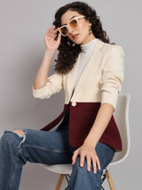 Colour Blocked Notched Collar Polyester Blazer - Maroon and Off White
