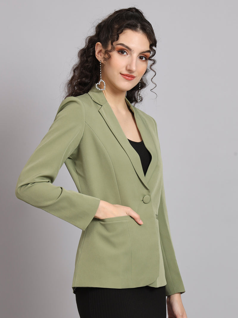 Notched Collar Polyester Blazer - Olive Green