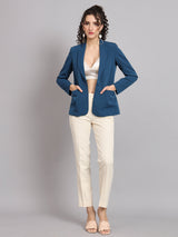 Notched Collar Polyester Blazer - Teal Blue