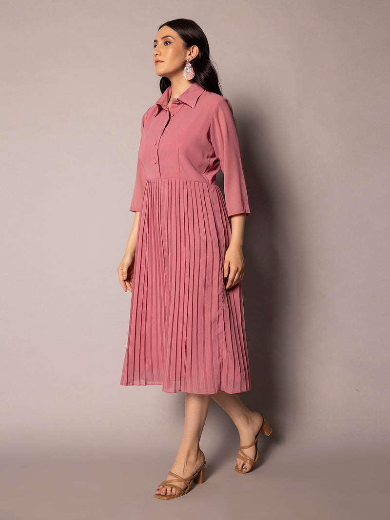 CREPE COLLARED DRESS : PINK