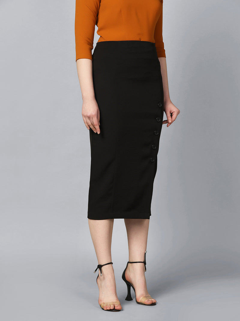Stretch Longline Button Detail skirt-Black