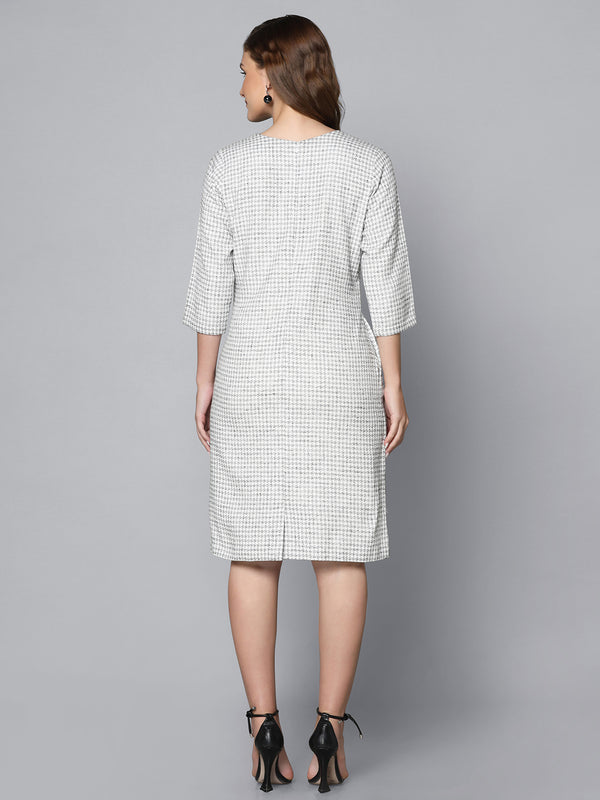 Houndstooth Printed Shift Dress- White