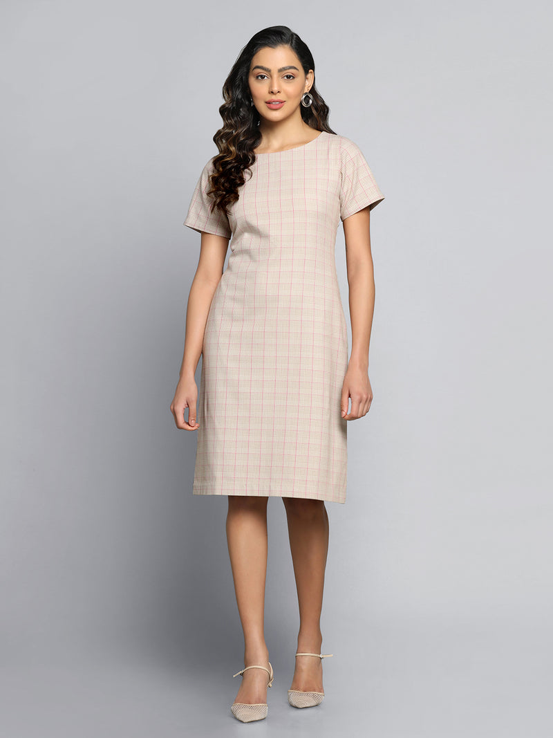 Checkered Sheath Dress- Beige