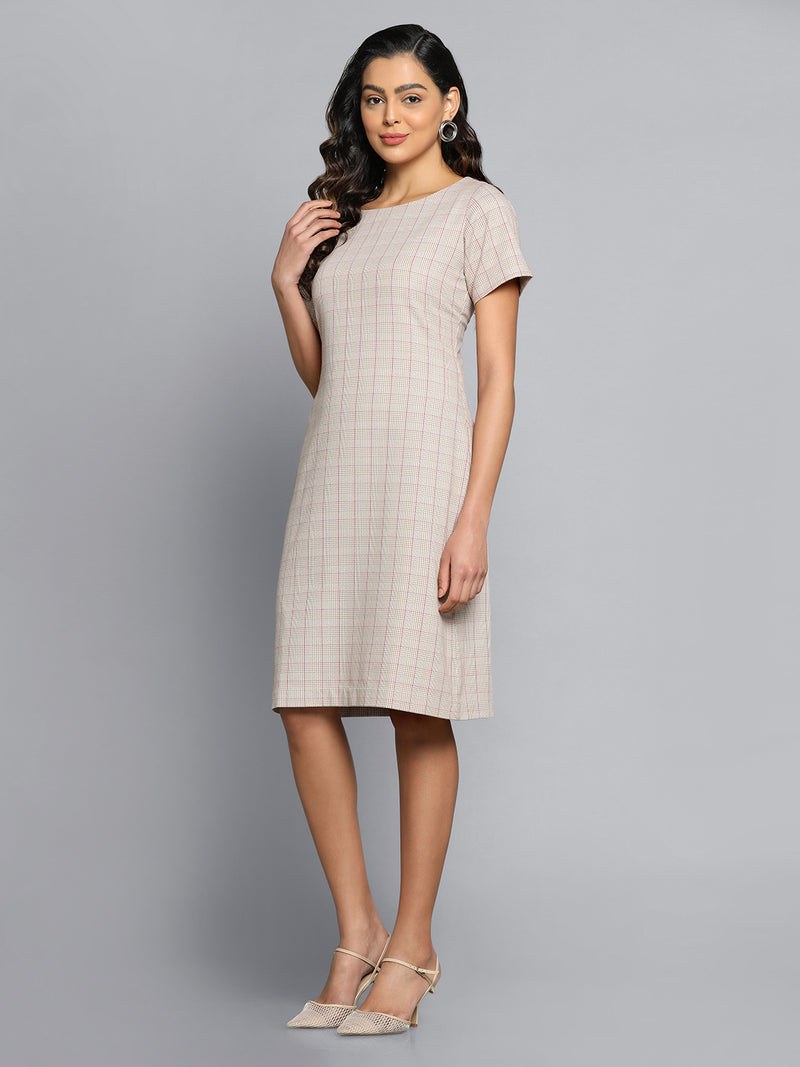 Checkered Sheath Dress- Beige