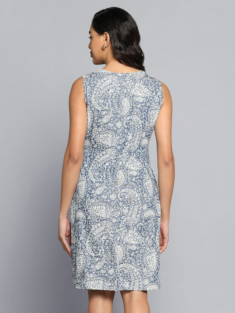 Denim Print Cotton Dress- Blue