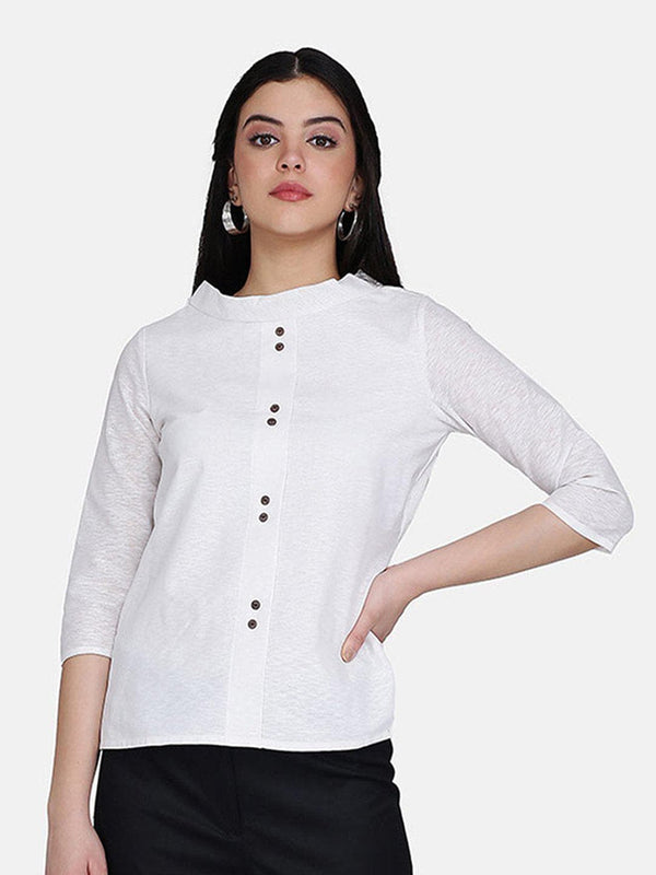 Round Collar Cotton Top For Women - White