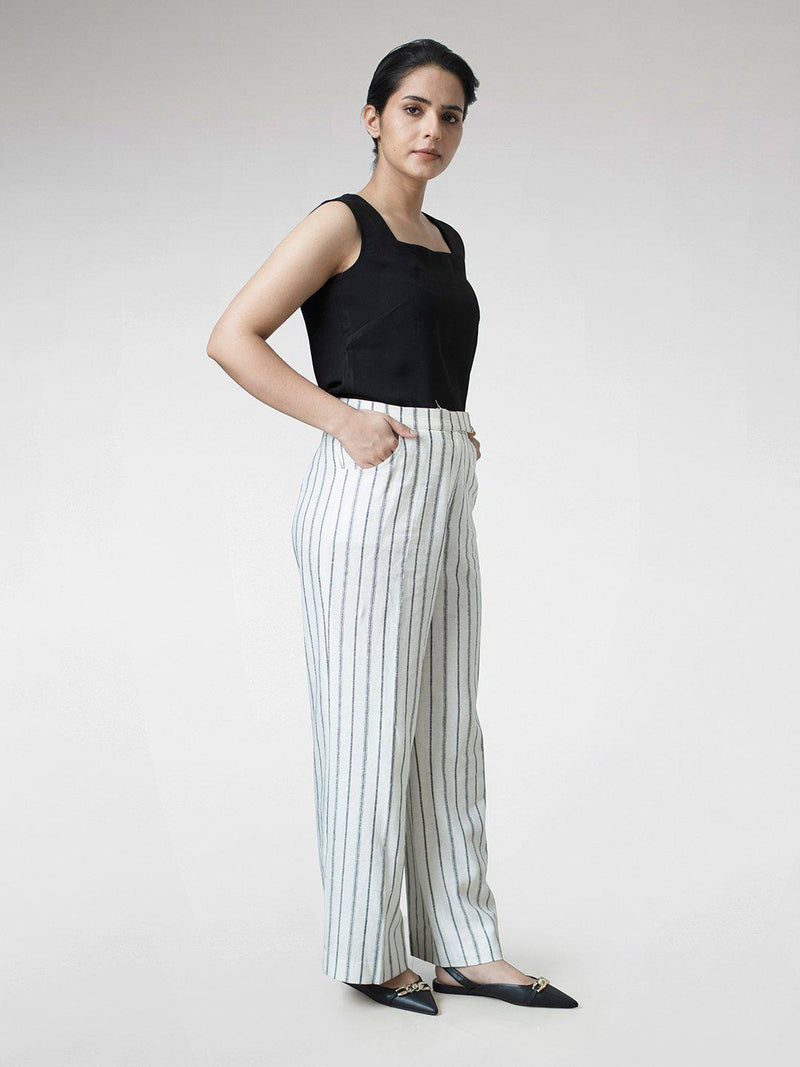 White Striped Linen Comfort Fit Trouser