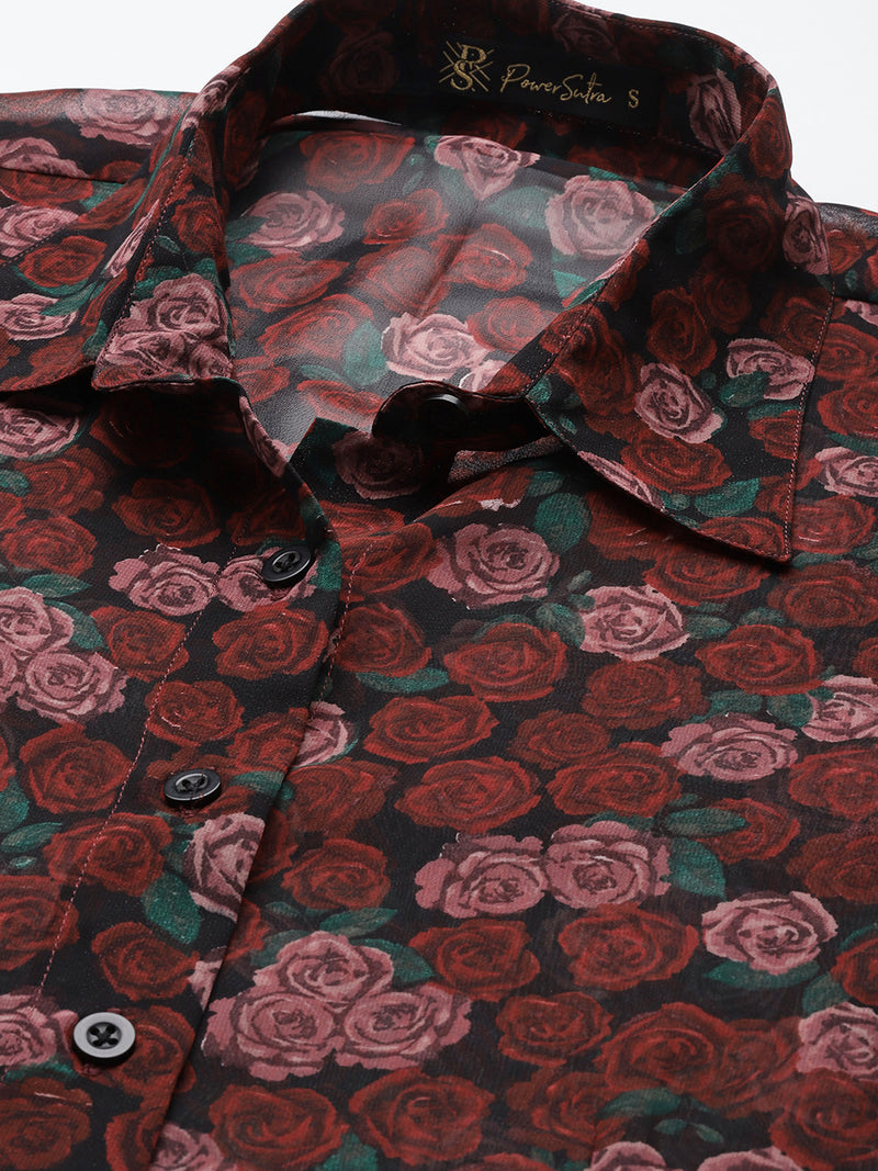 Floral Print Sheer Shirt - Maroon