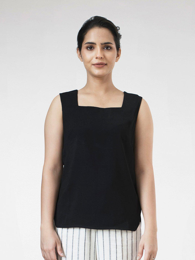 Square Neck Camisole Poly Moss Top For Women - Black