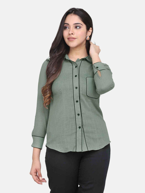 Collared Piping Detail Cotton Shirt - Pastel Green