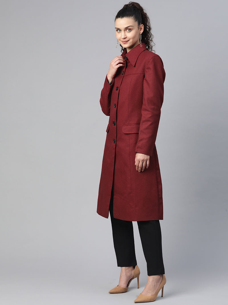 Solid Tweed Over Coat - Wine Red