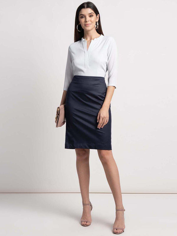 Navy Blue Poly Cotton Straight Skirt