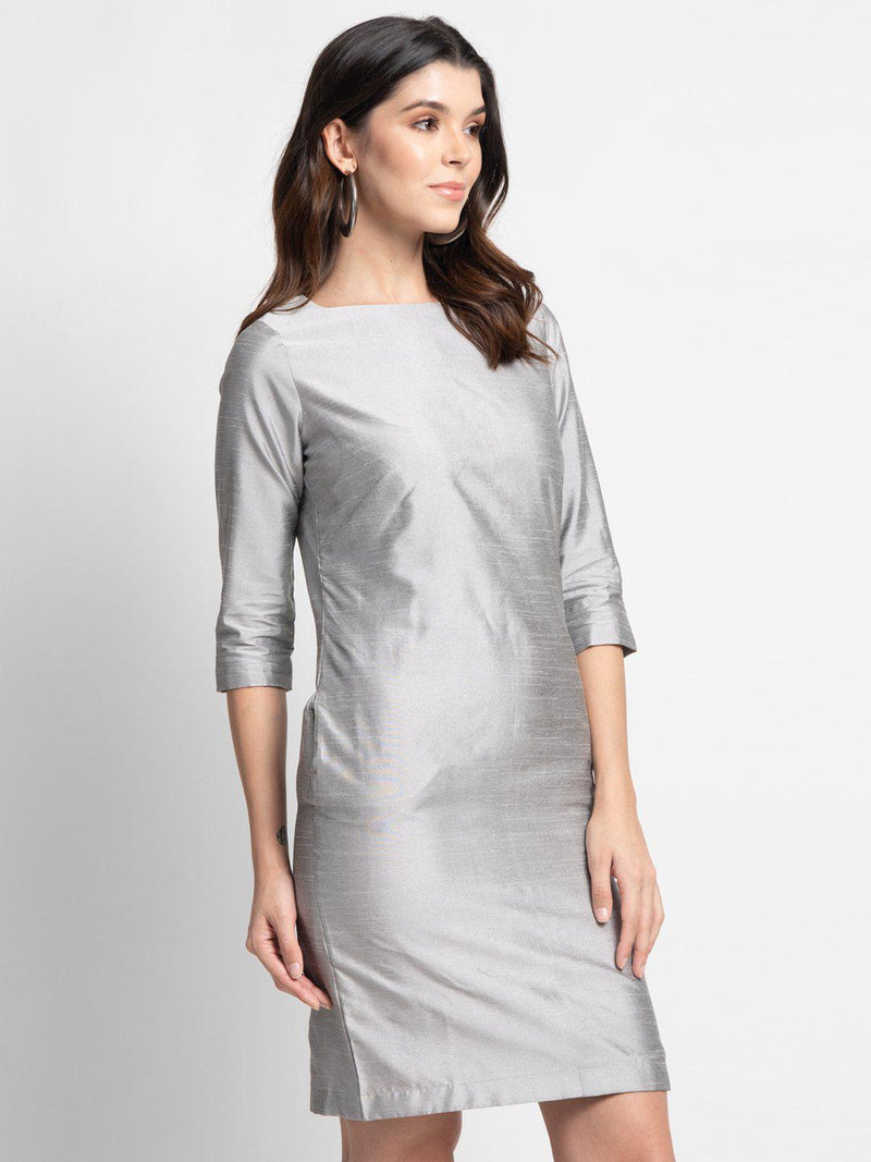 Silver Grey Poly Dupioni Evening Sheath Dress