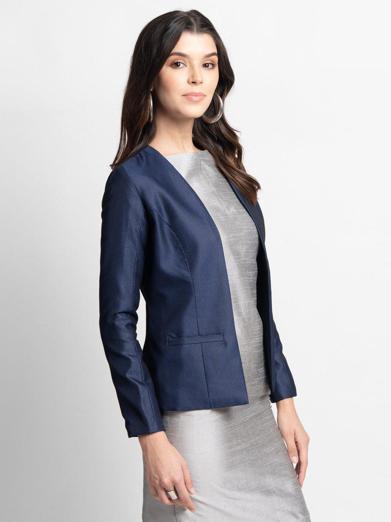Blue swiss dot evening jacket with grey dupioni sheath dress
