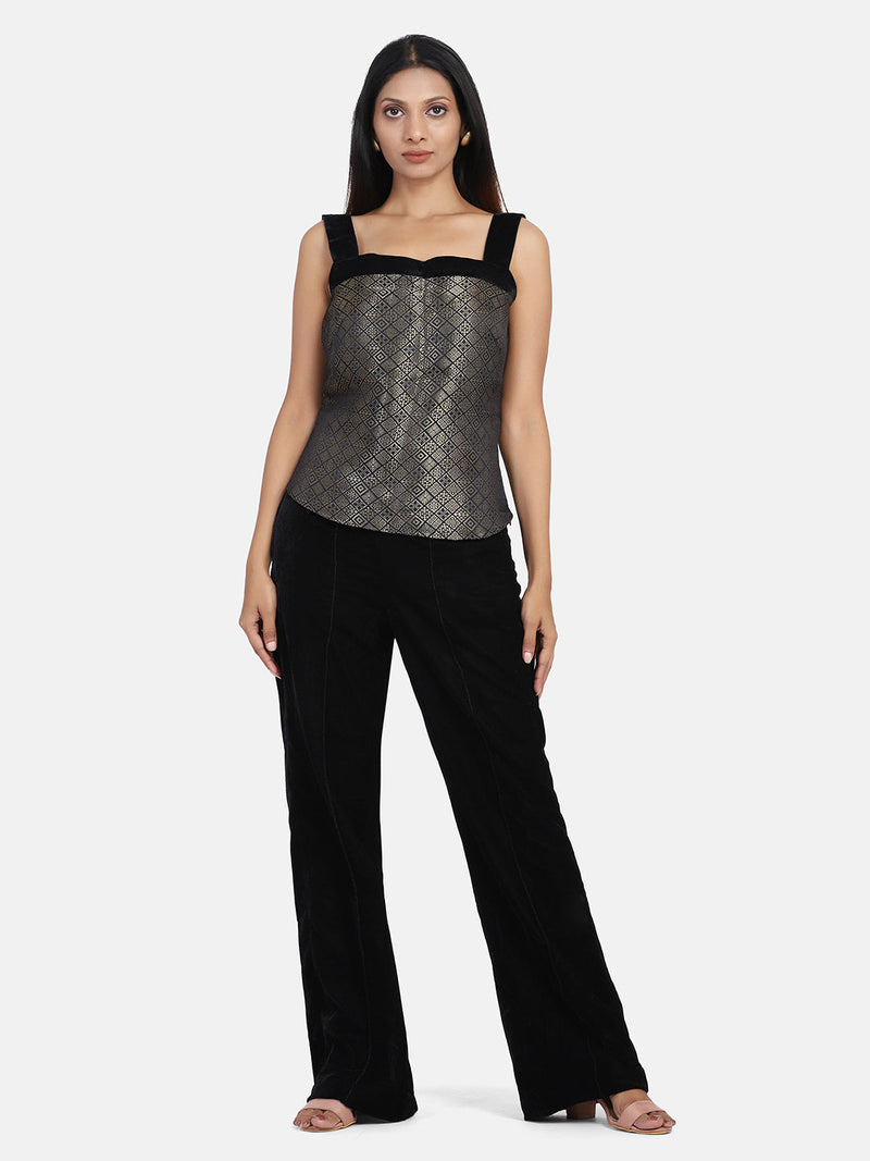 Velvet Pant Suit With Brocade Top - Black