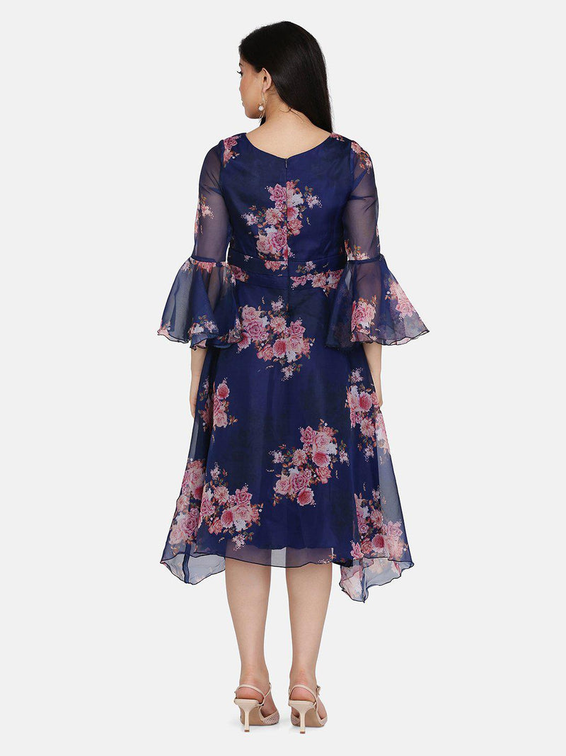 Floral Organza Asymmetrical Hem Flare Dress For Women  - Navy Blue and Pink