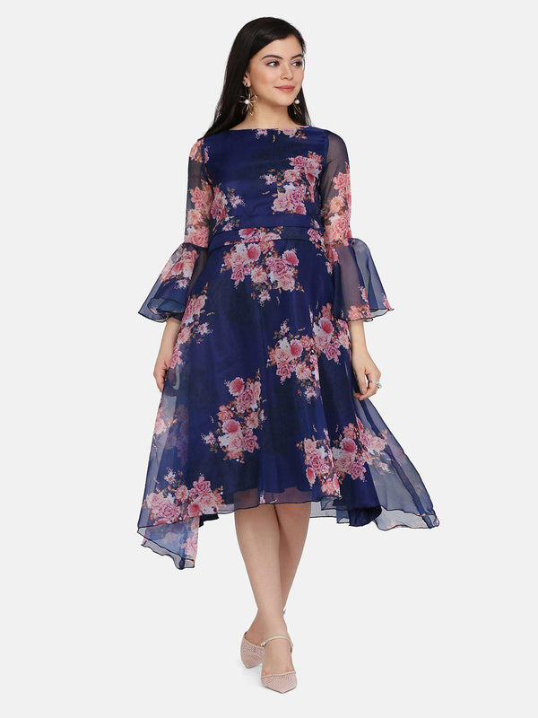 Floral Organza Asymmetrical Hem Flare Dress For Women  - Navy Blue and Pink