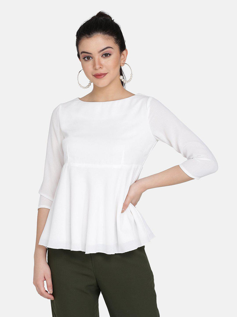 High Waist Flare Poly Moss Top For Women - White